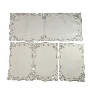 Vintage Linen Table Runner Placemat Set Cream Cutwork Lace Floral Fruit 4pc